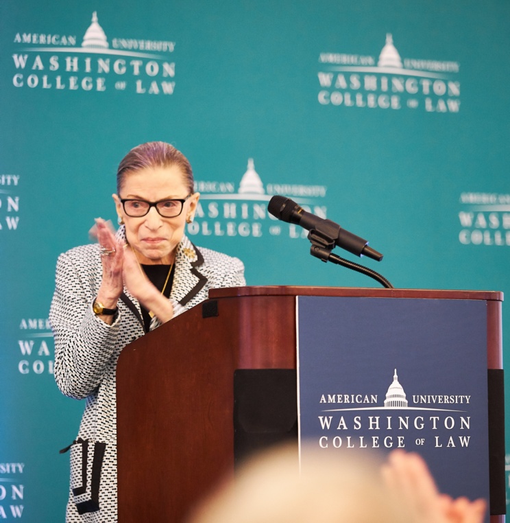 Justice Ginsburg applauds the legacy of Professor Emeritus Herman Schwartz at a dinner held at the law school September 27, 2019.