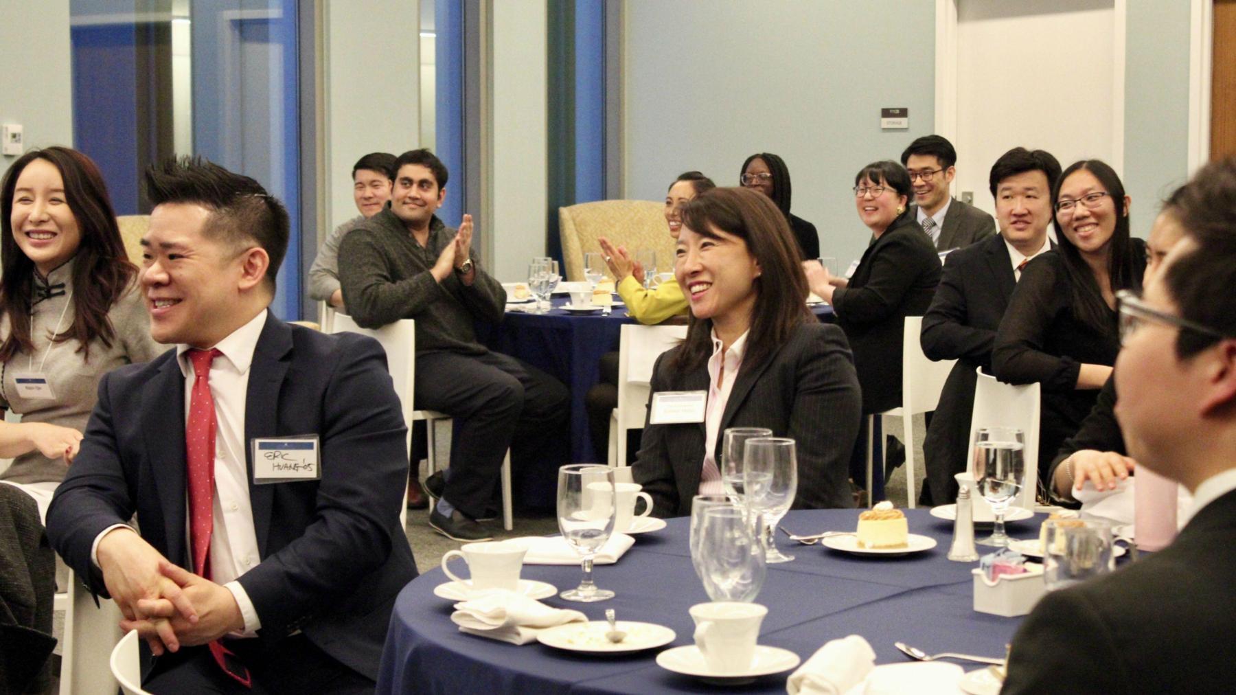 The Honorable Jeannie Hong '92 (center), Associate Judge, Baltimore City Circuit Court, 8th Judicial Circuit as well as Eric Huang ‘05 (left), Assistant General Counsel for the FBI and founder of junkfoodguy.com.